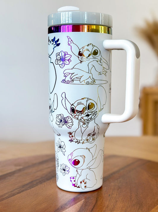 40oz White Rainbow Stitched Engraved Tumbler